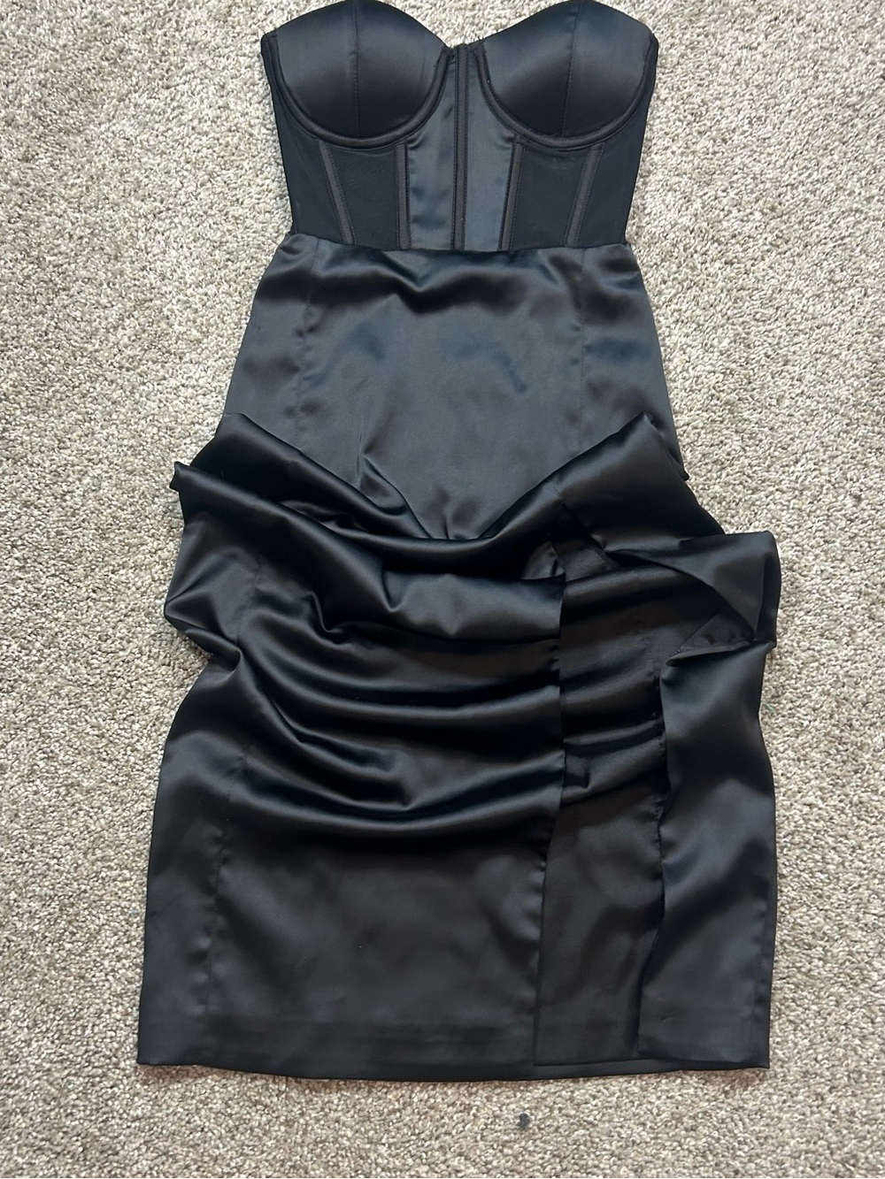 Meshki Black Strapless Satin Corset Midi Dress